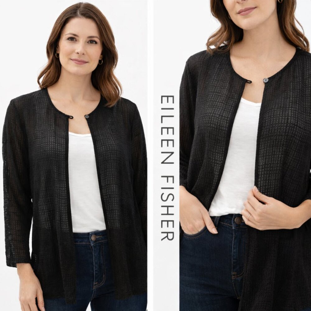 Eileen Fisher Silk Textured Black Cardigan Semi Sheer One Button Size Large